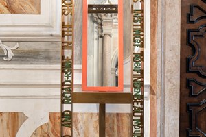 Siah Armajani, 'Hall Mirror with Table' (1983–1984). Bronze, mirror, painted wood. 213.4 x 62.2 x 77.5 cm (84 x 24½ x 30½ in). Exhibition view: 'THE SPARK IS YOU: Parasol Unit in Venice', Conservatorio di Musica Benedetto Marcello di Venezia (9 May–23 November 2019). Collateral Event of the 58th International Art Exhibition – la Biennale di Venezia 'May You Live in Interesting Times' (11 May–24 November 2019). Courtesy the artist and Parasol unit. Photo: Francesco Allegretto. 